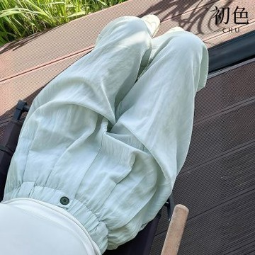 初色 韓式通勤風純色高腰單鈕扣顯瘦垂墜感闊腿長褲休閒褲寬褲-共3色-52369(M-XL可選)