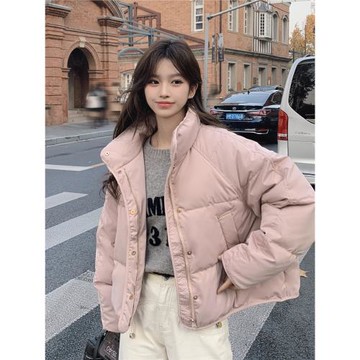 粉色立領羽絨服冬季女2024新款韓版小個子溫柔風短款50白鴨絨外套