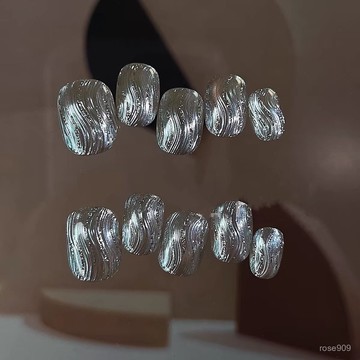 ➕最新設計款穿戴甲💅手工穿戴甲片高級感銀色魔鏡粉短款美甲貼片可拆卸氣質顯白假指甲短方圓穿戴甲 WQAT