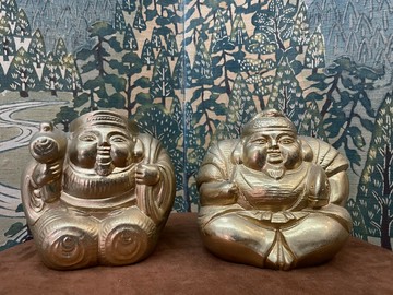 日本中古惠比壽大黑天置物擺飾，財神福神擺飾金屬鍍金材質，不知
