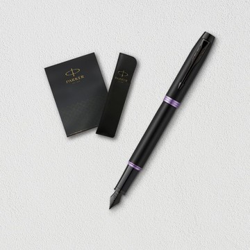 【PARKER】新IM 魅影黑 紫環 鋼筆 真皮筆套禮盒 客製化刻字