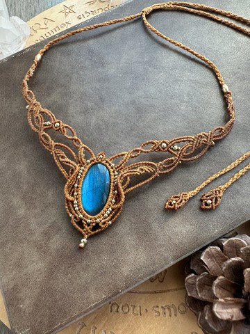 N1071 民族風 蠟線編織 拉長石 銅珠 頸鏈 (可調長度)