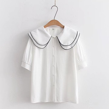 時尚氣質雙層娃娃領短袖襯衫女夏裝百搭白色襯衣小個子打底衫上衣