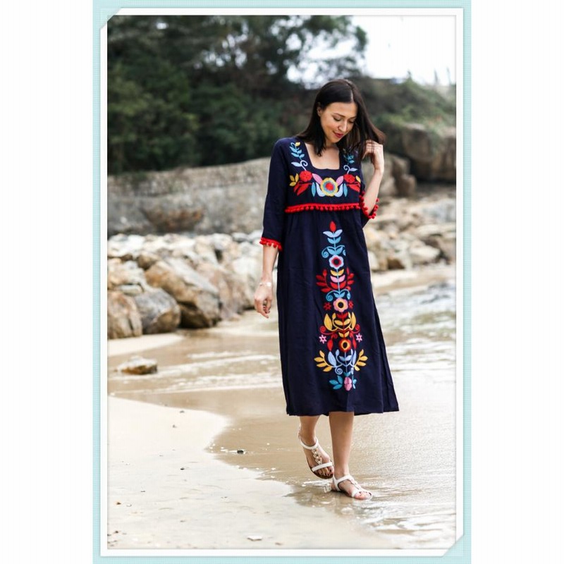 ワンピースレディースエスニック刺繍リゾートワンピロングワンピ着痩せ  