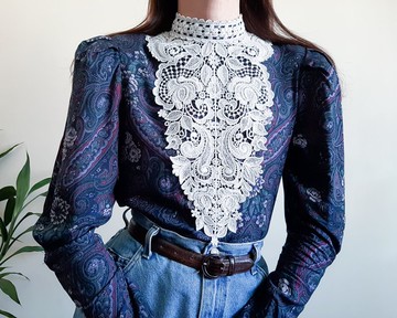 SCOTT MCCLINTOCK 復古 80 年代維多利亞蕾絲佩斯利襯衫泡泡袖襯