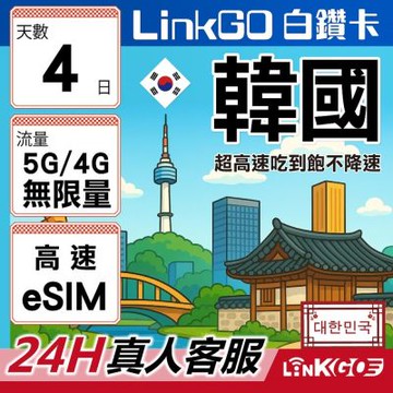 LinkGO白鑽卡 韓國 eSIM卡 4天無限吃到飽不降速 高速流量(韓國網卡 首爾 釜山 濟州島)