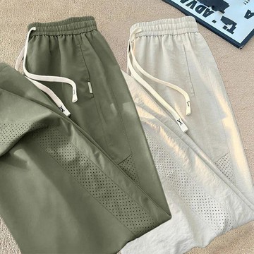 【臺灣出貨】薄款網眼透氣速幹直筒休閒褲男 夏季新款潮牌冰絲褲 百搭寬鬆長褲 冰感戶外運動褲