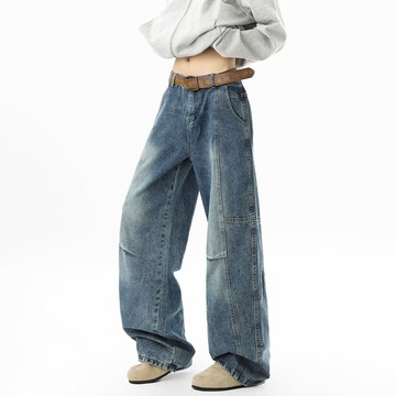 美式復古闊腿牛仔褲男寬鬆顯瘦設計感高街vibe拖地褲男