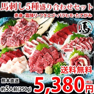 馬刺し 5種 盛り合わせセット 赤身 霜降り フタエゴ バラヒモ たてがみ 送料無料 5人前 250g カナダ産国内肥育 馬刺 熊本直送 ギフト 馬