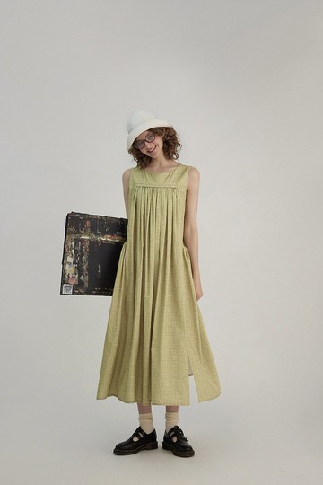 畫了夏天 復古黃格子背心連身裙