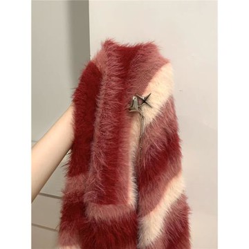 紅色條紋繡花長絨軟糯仿貂毛套頭毛衣慵懶愛心胸針針織衫加厚上衣