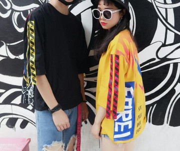 FINDSENSE MD 日系 潮 街頭 男女 情侶裝 寬鬆 五分袖 字母織帶 嘻哈 短袖T恤 特色短T