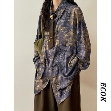 ECOK2025秋季新款美式復古新中式蒲公英印花紫色長袖襯衫上衣女潮