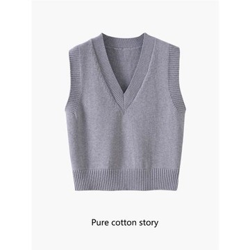 100%棉 V領針織馬甲 純棉毛衣背心女裝春季無袖針織衫坎肩 灰色