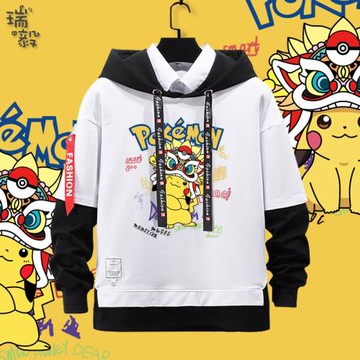 皮卡丘醒獅中國風ins風潮流假兩件連帽衛衣男女兒童裝學生款外套