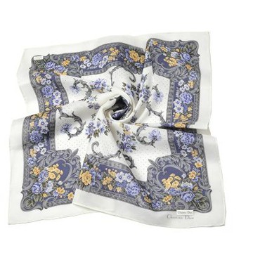 Christian DIOR 法式風格藍底花卉浮雕捲草印花字母LOGO帕領巾(54CM)