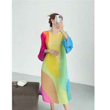 【巴黎精品】現貨+預購 三宅風皺褶衣服洋裝褶皺長裙長袖連身裙摺衣彈力女裝顯瘦折衣大碼-拼色寬鬆a1jb16