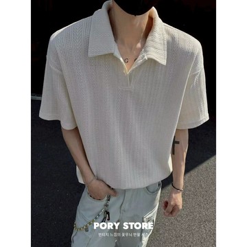 【PORY STORE】獨家！韓系老錢風翻領針織短袖 POLO衫 實拍 舒適 百搭 男生 針織上衣 短T