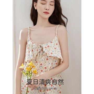 頂呱呱彩棉純棉純色防凸點睡衣裙免穿文胸吊帶睡裙大碼性感家居裙