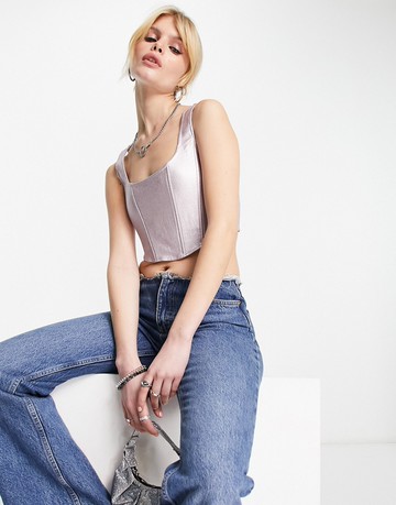 NA-KD x Moa Mattson co-ord structured corset top in pink shiny denim-Green