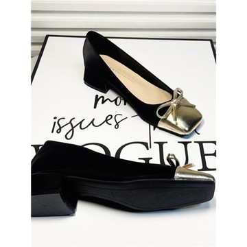 法式拼色黑色蝴蝶結粗跟單鞋女2025年新款夏氣質方頭蝴蝶結高跟鞋