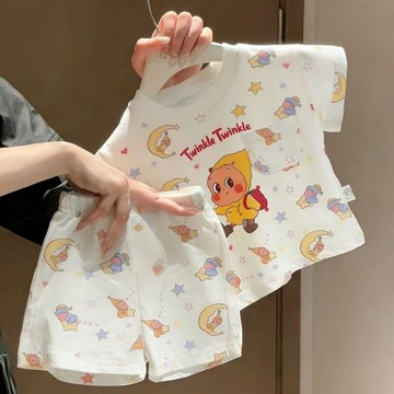 🍀AY🍀 夏季新款 卡通童裝 童裝 寶寶星星人印花短袖T恤褲子兩件套裝 男童套裝 兒童套裝 夏天短袖套裝 韓版套裝男