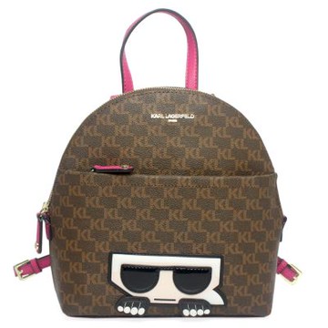 KARL LAGERFELD 卡爾Q版老佛爺滿版KL前拉鍊袋防刮皮革後背包(深咖)