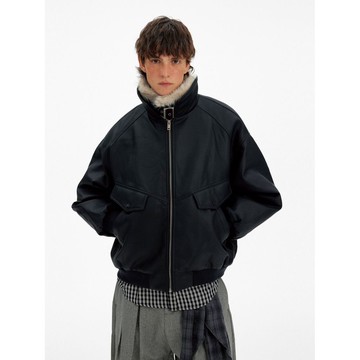 美式復古毛領拼接PU皮衣棉服男冬季保暖外套男