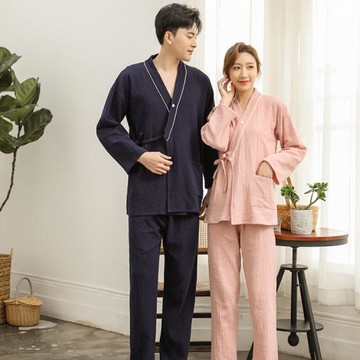文藝日系全棉情侶和服套裝春秋全棉男女帶扣日式家居服睡衣棉麻風