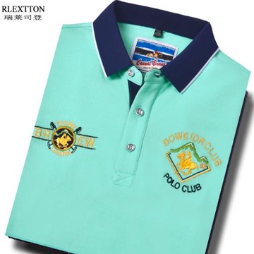 2025新款休閑翻領短袖男裝POLO衫高檔T恤湖藍色大碼夏裝上衣體恤