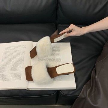 瑤瑤家高跟鞋秋冬外穿時尚百搭毛毛鞋女鞋新款棉拖一字拖毛毛拖鞋