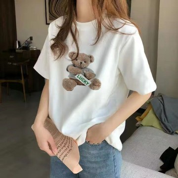 ♦穿搭新款卡通寬松小熊圖案t恤女短袖ins白色半袖情侶裝夏洋/氣上衣#1