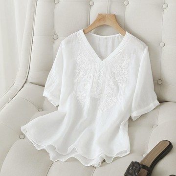 減齡文藝復古刺繡短袖襯衣女夏百搭寬松V領仿棉麻襯衫透氣上衣