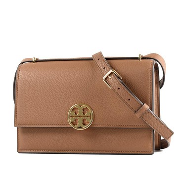 TORY BURCH 專櫃款 EDITION 鵝卵石紋磁釦翻蓋肩背斜背二用包-焦糖色