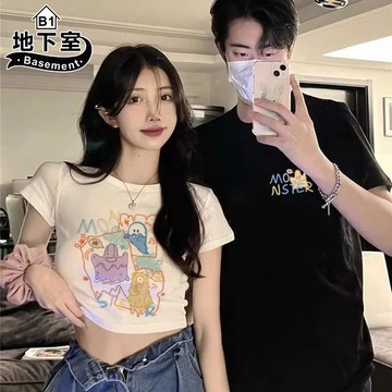 地下室B1-t恤 休閒Q版卡通印花短袖 圓領 短版上衣 男生衣服 情侶裝 大尺碼5XL【NL623581】