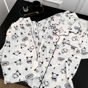 情侶睡衣女夏季冰絲帕恰狗短袖可外穿2024年新款夏天絲綢男士套裝