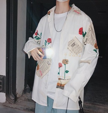 FINDSENSE H1秋季 新款 日本 街頭 原宿 拼接圖案 長袖襯衫 大碼 寬鬆襯衫 潮男 上衣