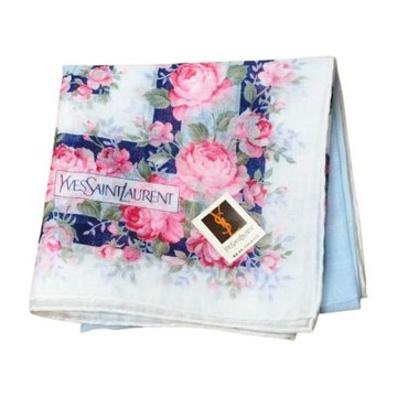 YSL Yves Saint Laurent 繽紛玫瑰圖騰品牌字母LOGO帕領巾(淺藍底/48CM)