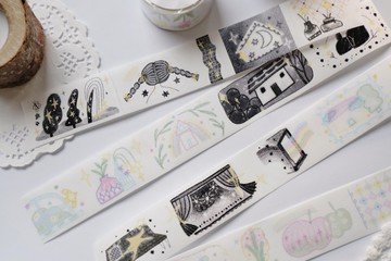 從黑白到彩色的小世界 手帳飾り 和紙膠帶