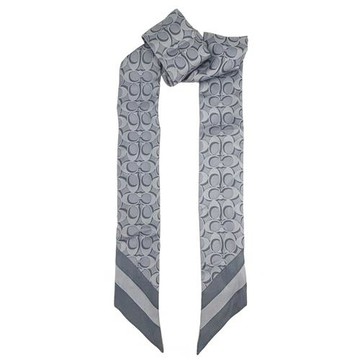 【COACH】C LOGO 100%蠶絲領帶長型絲巾領巾髮帶(藍)