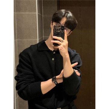 韓系針織polo衫男高級感修身翻領長袖衛衣美式西服打底羊毛保羅衫