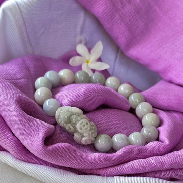 緬甸翡翠貔貅手鍊，手工圓珠，天然A貨翡翠，尺寸10公釐。