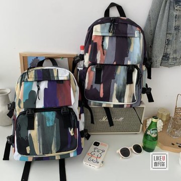 2025原創設計抽象插畫潮男少女雙肩包尼龍布高中學生書包森系背包
