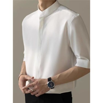 夏季立領冰絲短袖襯衫男ins潮牌新中式輕熟風修身免燙五分半襯衣