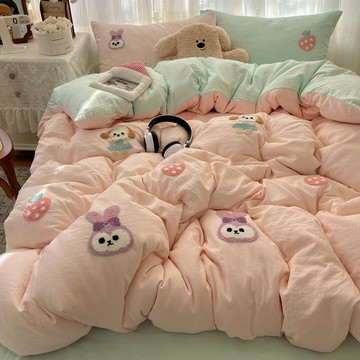 ins風水洗棉刺繡四件套床單被套床罩學生宿舍毛巾繡三件套床笠