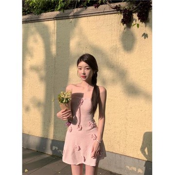 Garish/花里胡哨 甜美粉色立體花朵抹胸連衣裙女夏季系帶收腰短裙