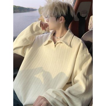 麥穗紋Polo領衛衣男秋季新款潮牌加絨長袖T恤美式寬松休閑外套男