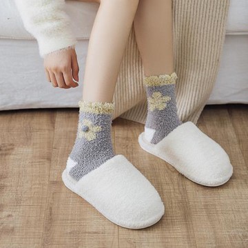 睡覺穿的襪子女冬季厚款拖鞋襪不掉毛卡通小花珊瑚絨襪地板毛毛襪