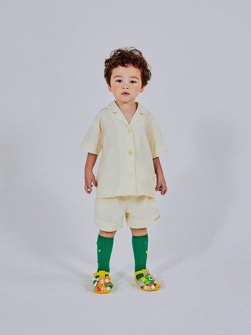 Bio-washed Premium V-neck Kids Pajama Set [Cream]