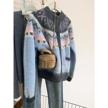 秋冬費爾島浣熊絨毛衣開衫女早秋加厚高級感慵懶風針織外套小個子